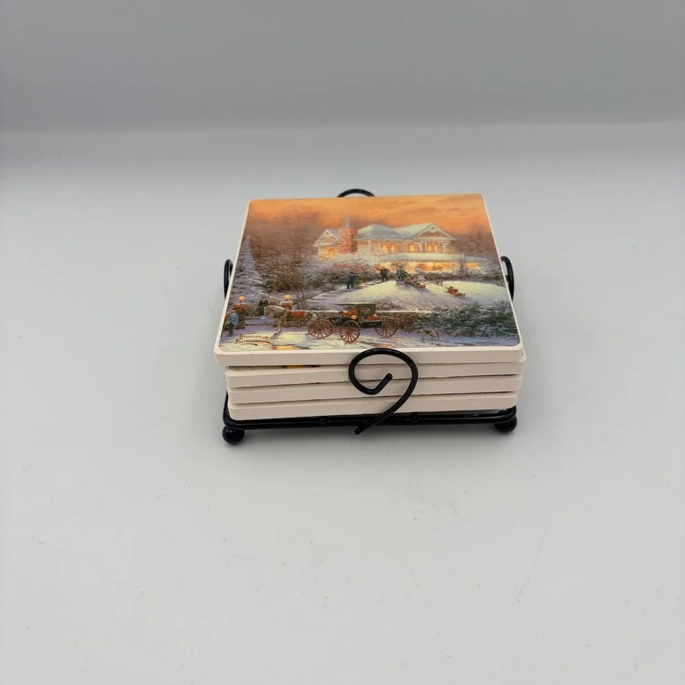 Thomas Kinkade Victorian Christmas II Ceramic Coaster Set of 4 with Metal Holder